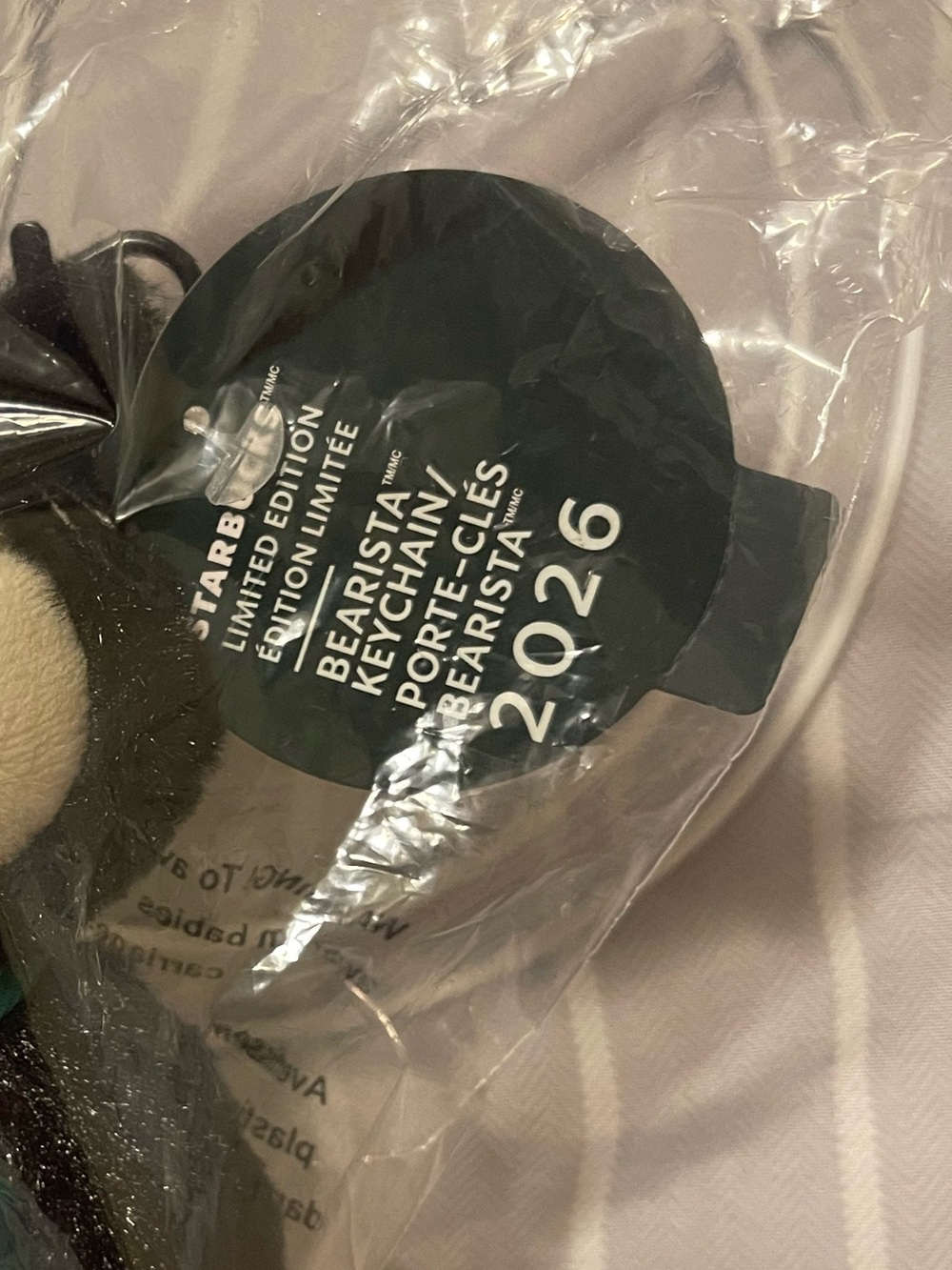 Starbucks Black Bear Plush Keychain with Green Apron and Pink Ear Accent - Picture 2 of 2